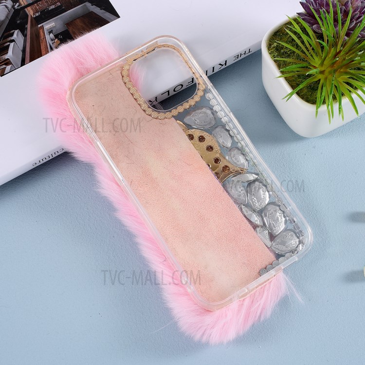 Fluffy Rabbit Fur Sparkle Rhinestone Fox TPU Cell Phone Case for iPhone 12 mini - Pink-4