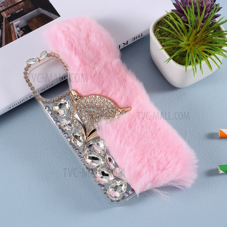 Fluffy Rabbit Fur Sparkle Rhinestone Fox TPU Cell Phone Case for iPhone 12 mini - Pink-5