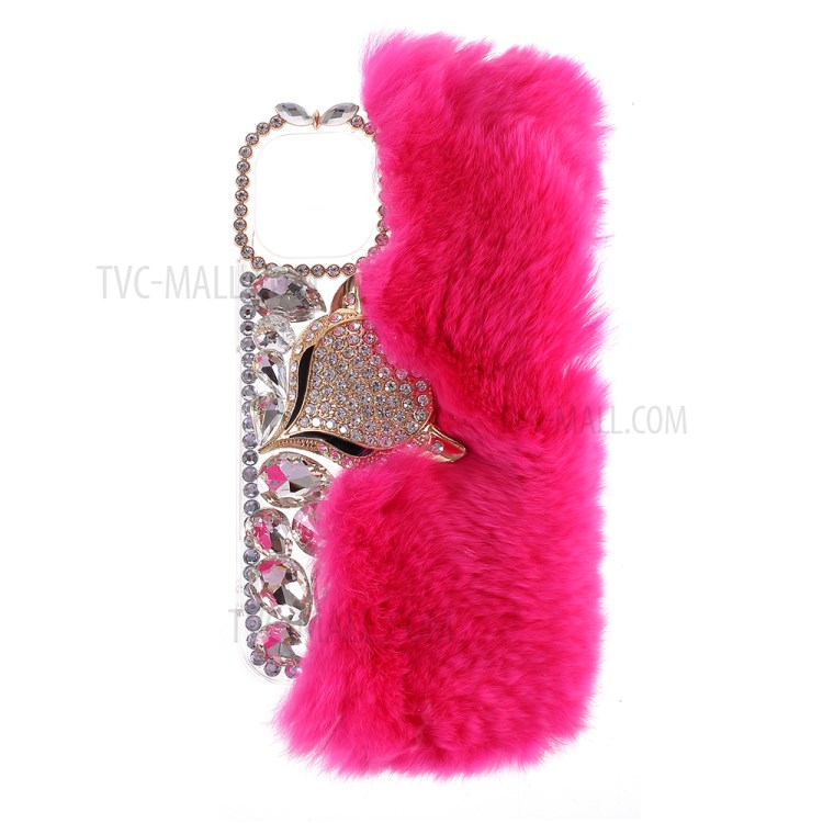 Fluffy Rabbit Fur Sparkle Rhinestone Fox TPU Cell Phone Case for iPhone 12 mini - Rose-1