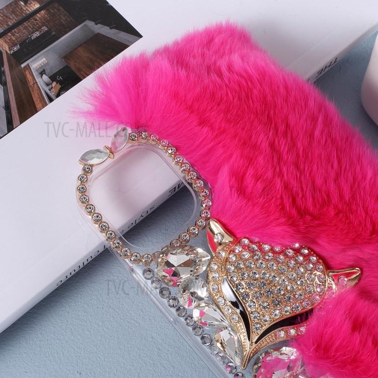 Fluffy Rabbit Fur Sparkle Rhinestone Fox TPU Cell Phone Case for iPhone 12 mini - Rose-2
