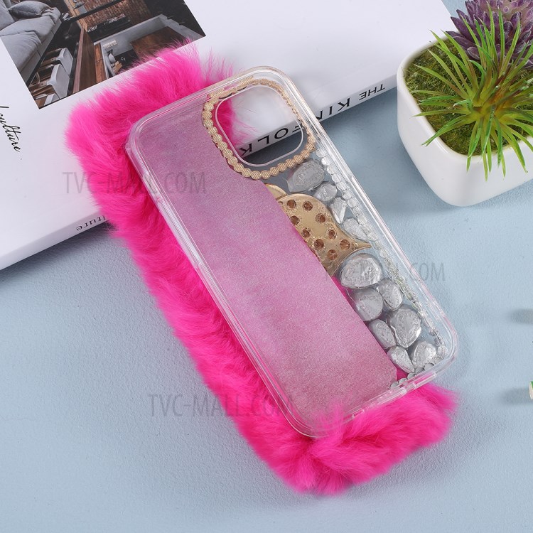 Fluffy Rabbit Fur Sparkle Rhinestone Fox TPU Cell Phone Case for iPhone 12 mini - Rose-4