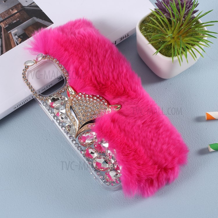 Fluffy Rabbit Fur Sparkle Rhinestone Fox TPU Cell Phone Case for iPhone 12 mini - Rose-5