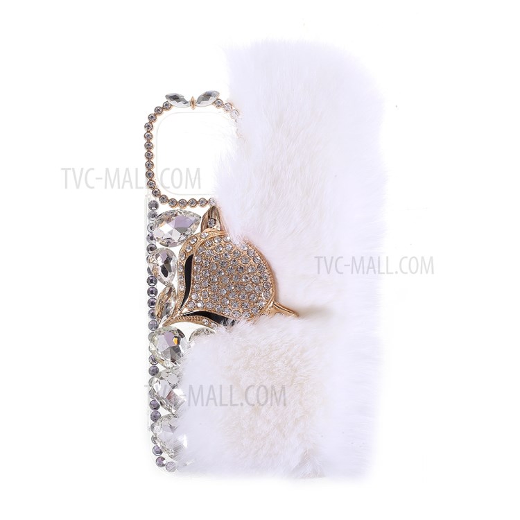 Fluffy Rabbit Fur Sparkle Rhinestone Fox TPU Cell Phone Case for iPhone 12 mini - White-1