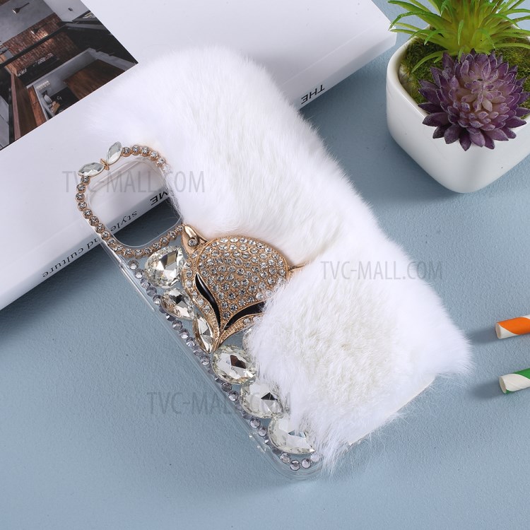 Fluffy Rabbit Fur Sparkle Rhinestone Fox TPU Cell Phone Case for iPhone 12 mini - White-2