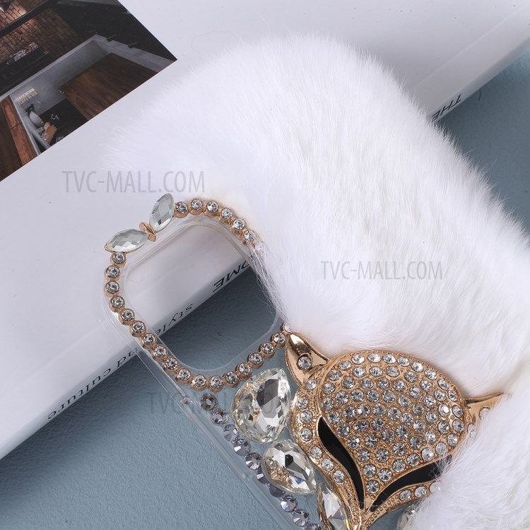 Fluffy Rabbit Fur Sparkle Rhinestone Fox TPU Cell Phone Case for iPhone 12 mini - White-3