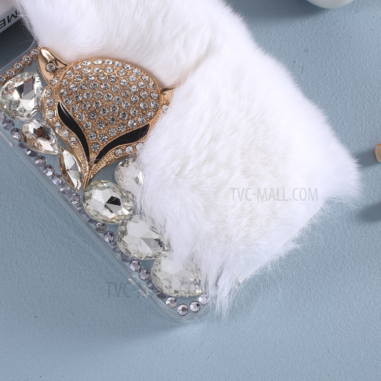 Fluffy Rabbit Fur Sparkle Rhinestone Fox TPU Cell Phone Case for iPhone 12 mini - White-4
