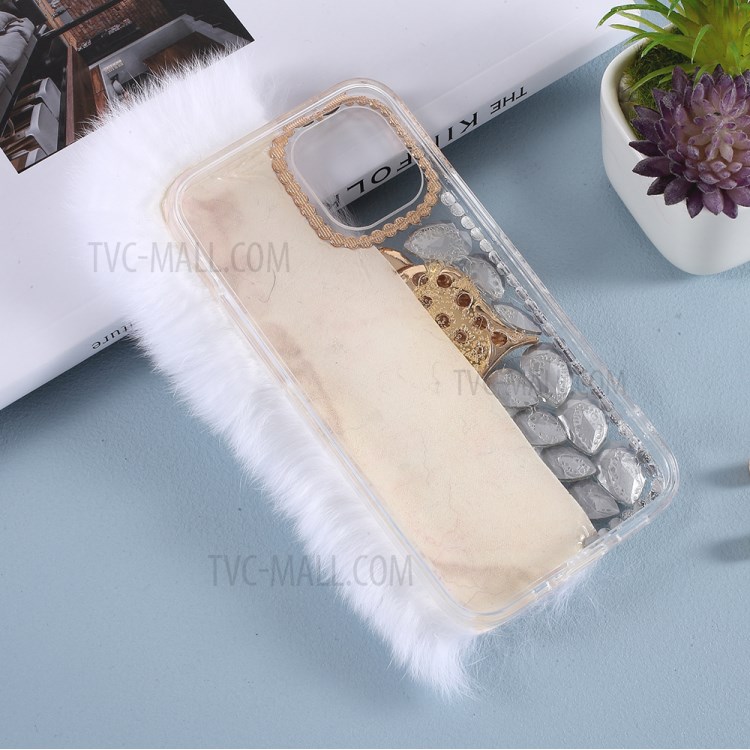 Fluffy Rabbit Fur Sparkle Rhinestone Fox TPU Cell Phone Case for iPhone 12 mini - White-5