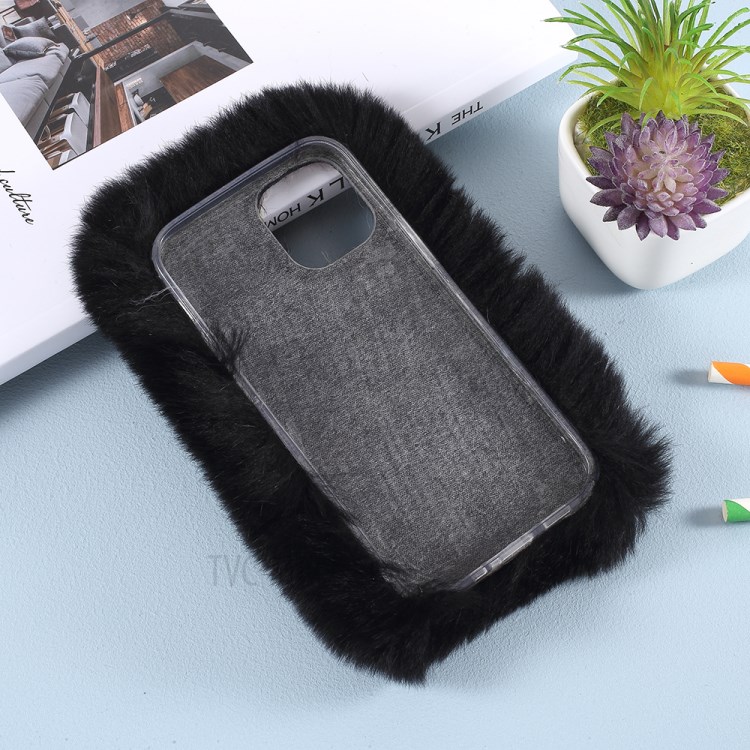 Soft Rabbit Fur Coated TPU Cover for iPhone 12 Mini - Black-4