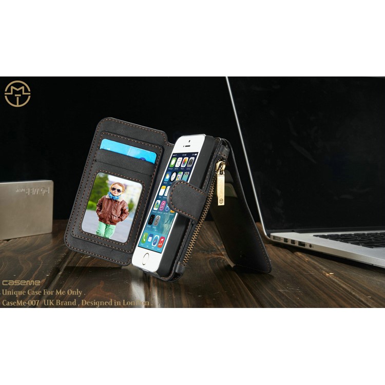 CASEME Housse en cuir 2-en-1 détachable Housse cuir en cuir véritable pour iPhone SE 5s 5 - Noir-12