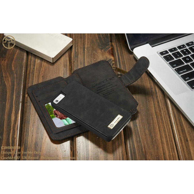 CASEME Housse en cuir 2-en-1 détachable Housse cuir en cuir véritable pour iPhone SE 5s 5 - Noir-14