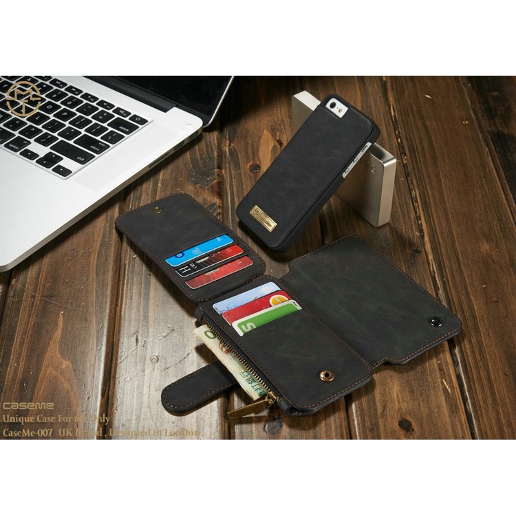 CASEME Housse en cuir 2-en-1 détachable Housse cuir en cuir véritable pour iPhone SE 5s 5 - Noir-15
