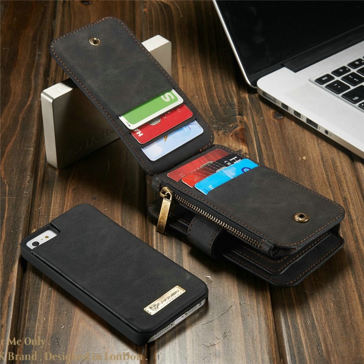 CASEME Housse en cuir 2-en-1 détachable Housse cuir en cuir véritable pour iPhone SE 5s 5 - Noir-2
