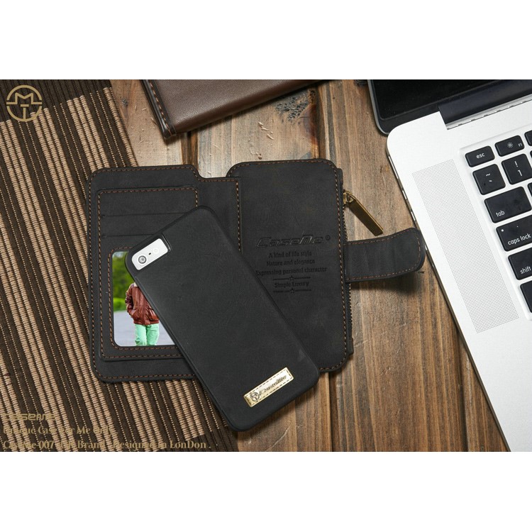 CASEME Housse en cuir 2-en-1 détachable Housse cuir en cuir véritable pour iPhone SE 5s 5 - Noir-3