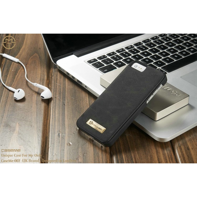 CASEME Housse en cuir 2-en-1 détachable Housse cuir en cuir véritable pour iPhone SE 5s 5 - Noir-7