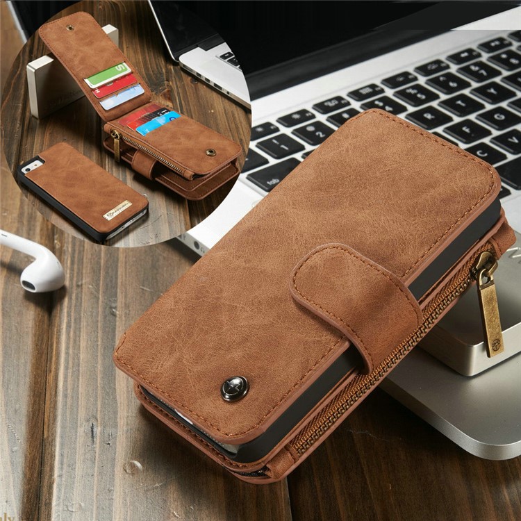 CASEME Desmontable 2-en-1 Cartera 8-Ranura Funda de cuero Split Split para iPhone SE 5s 5 - Marrón-1