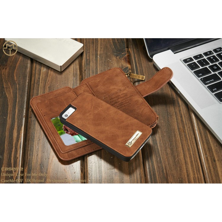 Casei Destacável 2-em-1 Wallet 8-Slot Genuine Split Capa Para IPhone SE 5S 5 - Castanho