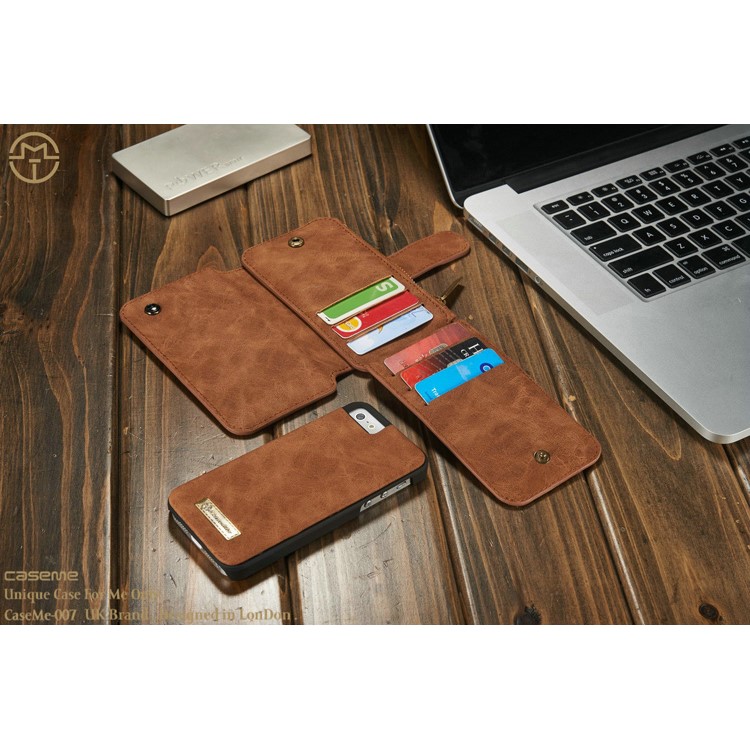 Casei Destacável 2-em-1 Wallet 8-Slot Genuine Split Capa Para IPhone SE 5S 5 - Castanho