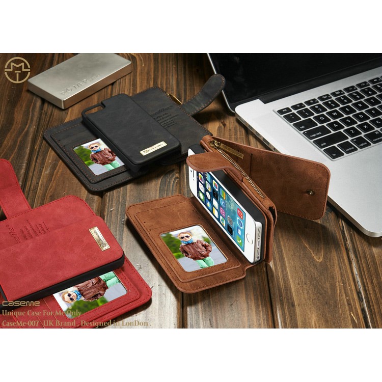 Caseme Détachable Portefeuille 2-en-1 Couverture En Cuir Véritable À 8 Emplacements Pour IPhone SE 5S 5 - Marron