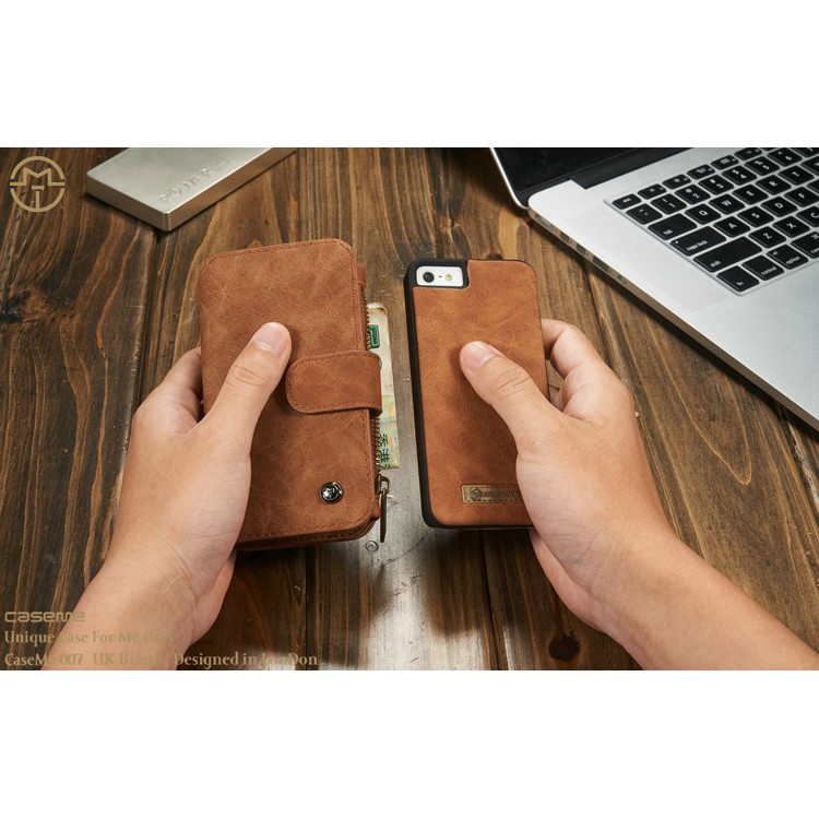 Caseme Détachable Portefeuille 2-en-1 Couverture En Cuir Véritable À 8 Emplacements Pour IPhone SE 5S 5 - Marron