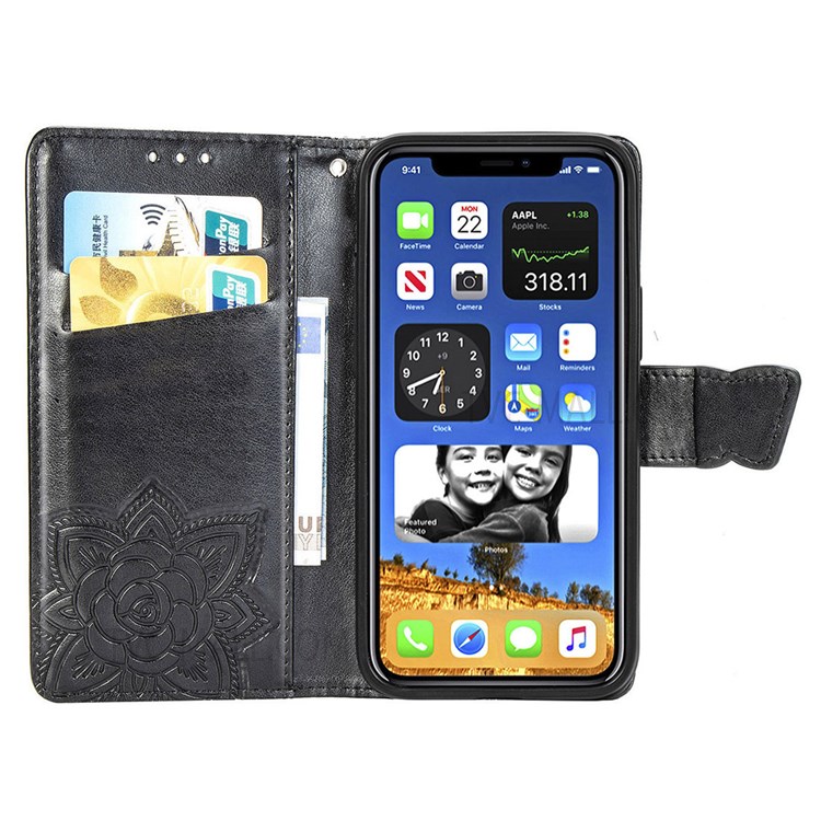 ENKAY HAT PRINCE Imprint Butterfly Flower Wallet Leather + TPU Phone Shell for iPhone 12 mini - Black-4