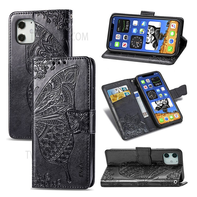 ENKAY HAT PRINCE Imprint Butterfly Flower Wallet Leather + TPU Phone Shell for iPhone 12 mini - Black-6