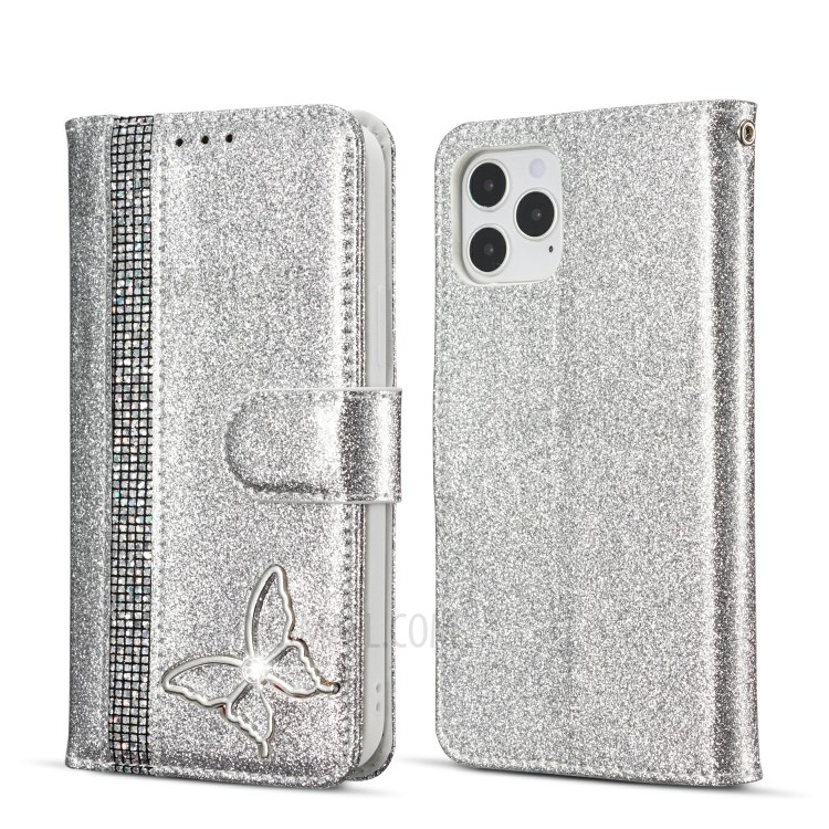 Glitter Powder Leather Phone Case with Crystal Band and Metal Butterfly Decor for iPhone 12 Pro Max - Silver-1