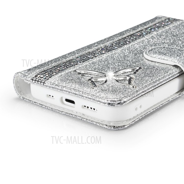 Glitter Powder Leather Phone Case with Crystal Band and Metal Butterfly Decor for iPhone 12 Pro Max - Silver-6