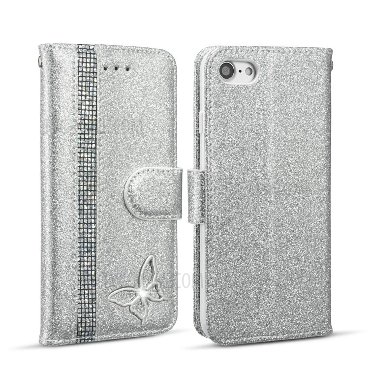 Glitter Powder Leather Phone Case with Crystal Band and Metal Butterfly Decor for iPhone 7/8/SE (2nd Generation) - Silver-1