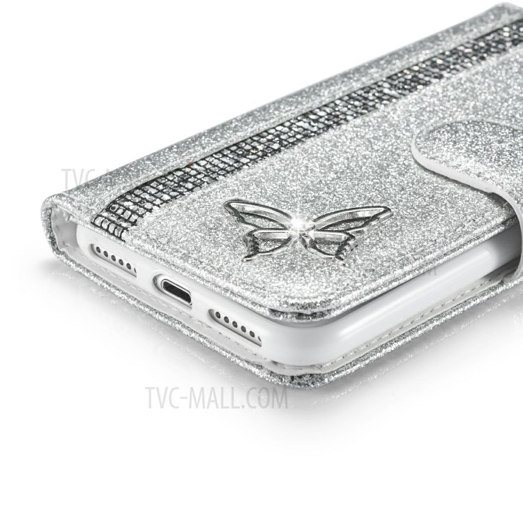 Glitter Powder Leather Phone Case with Crystal Band and Metal Butterfly Decor for iPhone 7/8/SE (2nd Generation) - Silver-7