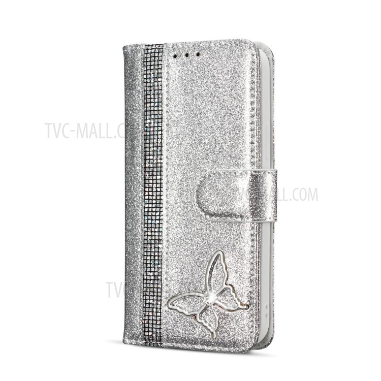 Glitter Powder Leather Phone Case with Crystal Band and Metal Butterfly Decor for iPhone 12 mini - Silver-2