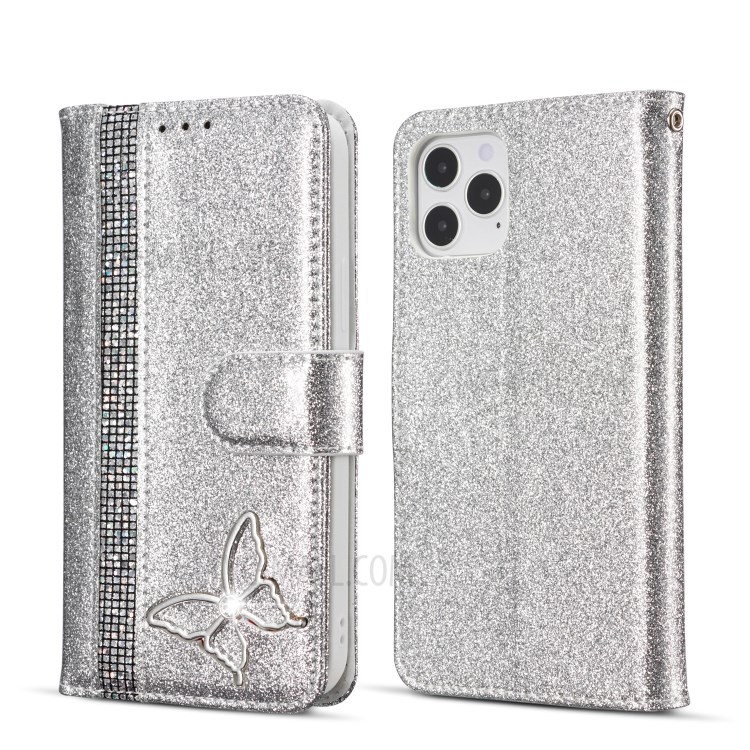 Glitter Powder Leather Phone Case with Crystal Band and Metal Butterfly Decor for iPhone 12/12 Pro - Silver-1