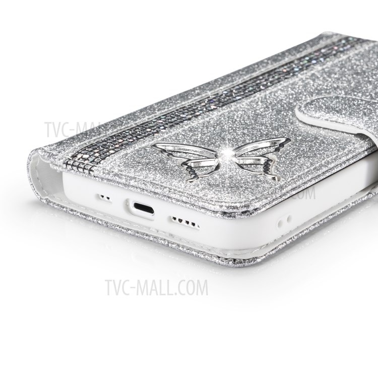 Glitter Powder Leather Phone Case with Crystal Band and Metal Butterfly Decor for iPhone 12/12 Pro - Silver-6