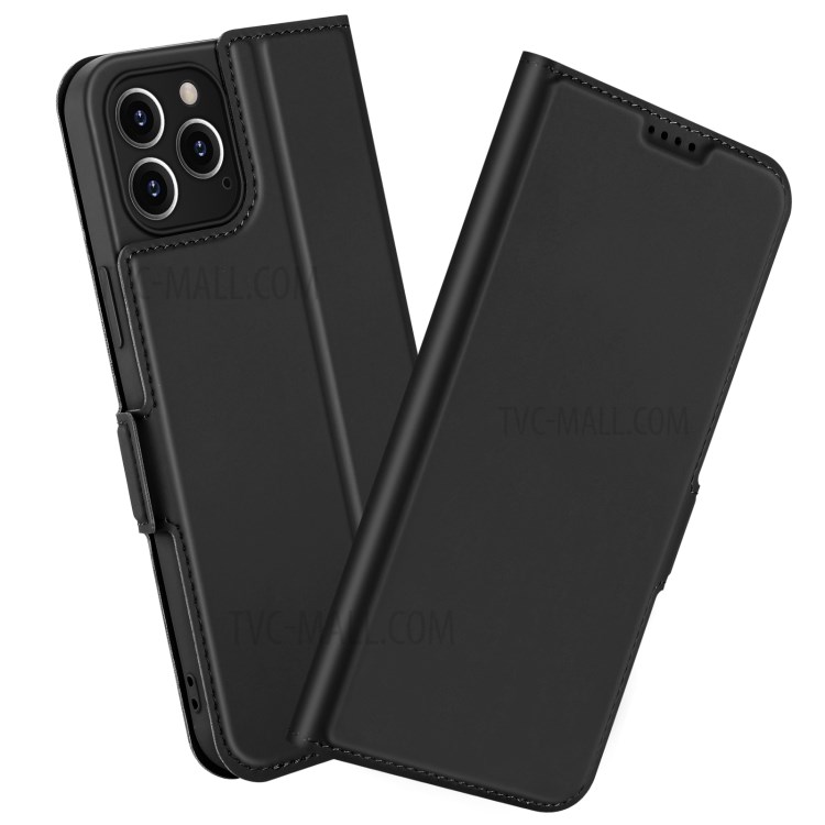 Skin-touch PU Leather Shell for iPhone 12 Pro / 12 Simple Business Style Stand Casing - Black-1