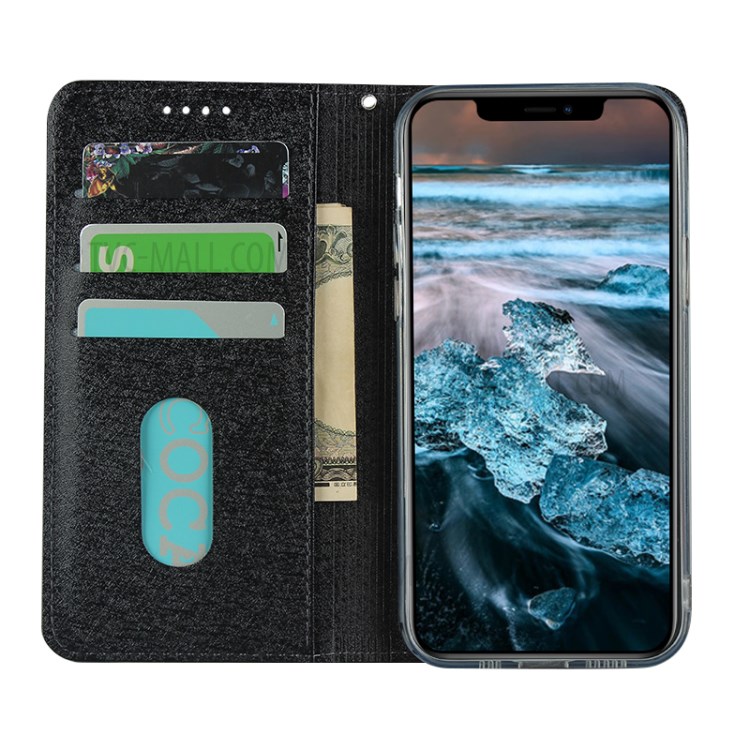 Silk Skin Leather Wallet Stand Protective Phone Case for iPhone 12 - Black-5