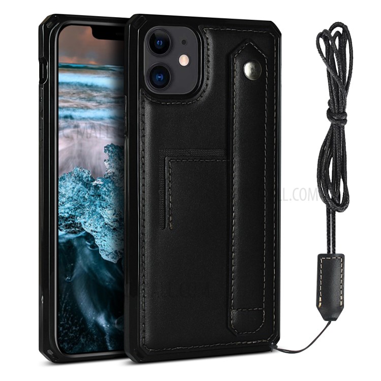 For iPhone 12 mini Genuine Leather Coated TPU Phone Shell with Hand Strap Kickstand - Black-1