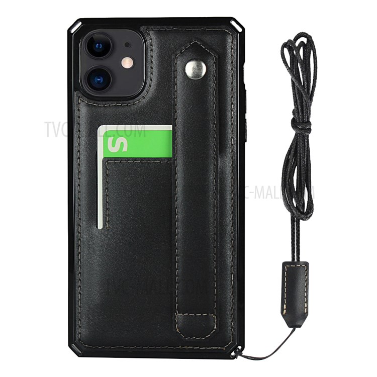 For iPhone 12 mini Genuine Leather Coated TPU Phone Shell with Hand Strap Kickstand - Black-2