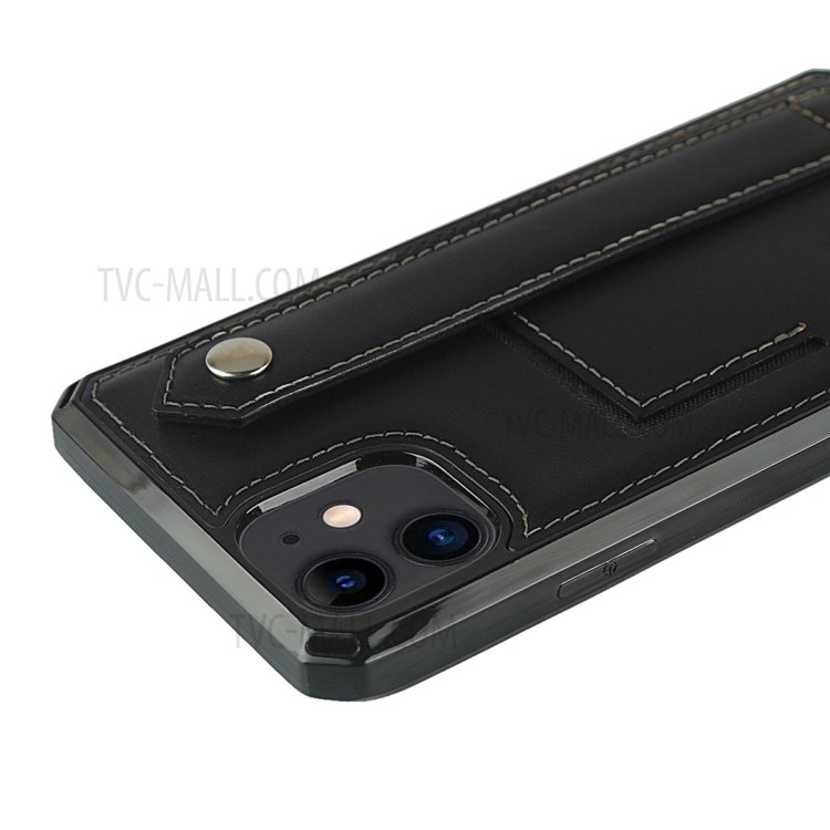 For iPhone 12 mini Genuine Leather Coated TPU Phone Shell with Hand Strap Kickstand - Black-7