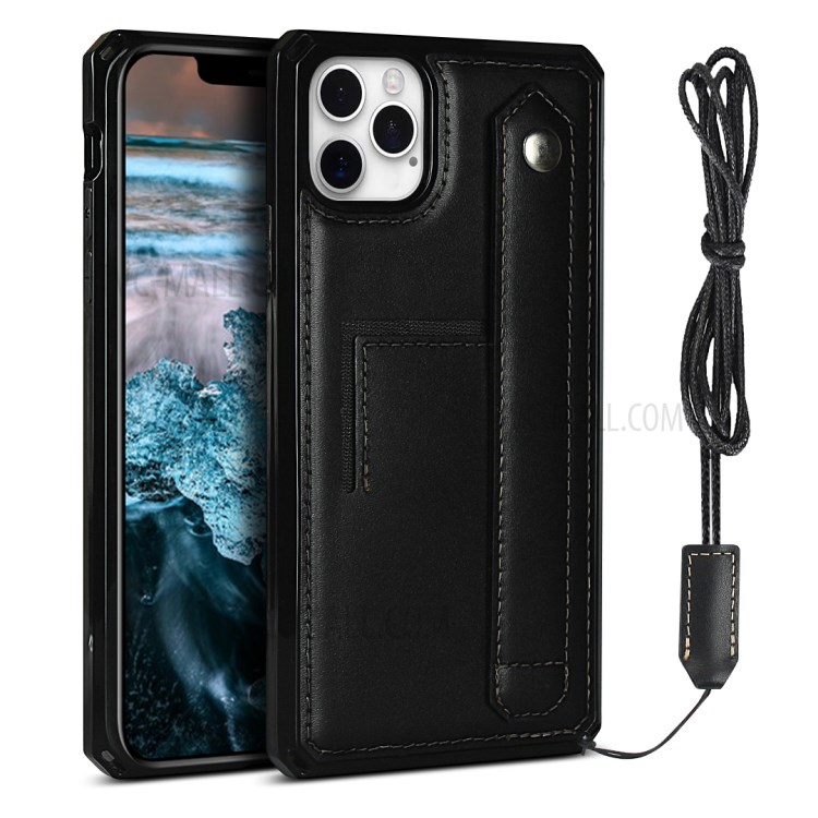 For iPhone 12 Genuine Leather Coated TPU Phone Shell with Hand Strap Kickstand - Black-1