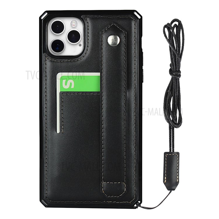 For iPhone 12 Genuine Leather Coated TPU Phone Shell with Hand Strap Kickstand - Black-2