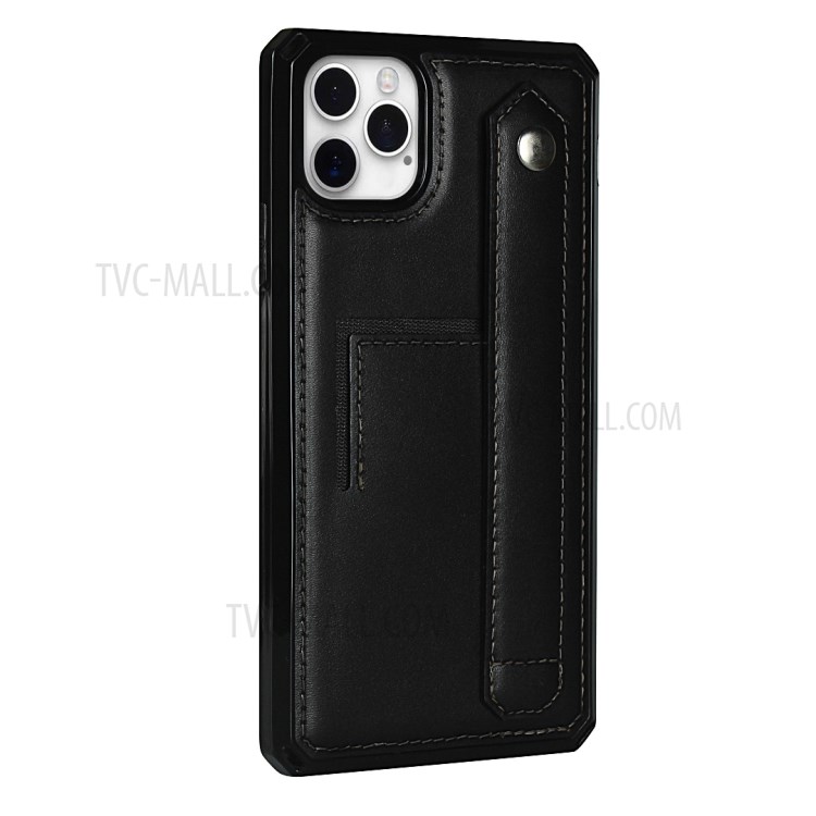 For iPhone 12 Genuine Leather Coated TPU Phone Shell with Hand Strap Kickstand - Black-3