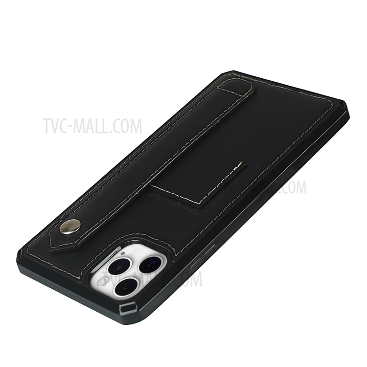 For iPhone 12 Genuine Leather Coated TPU Phone Shell with Hand Strap Kickstand - Black-6