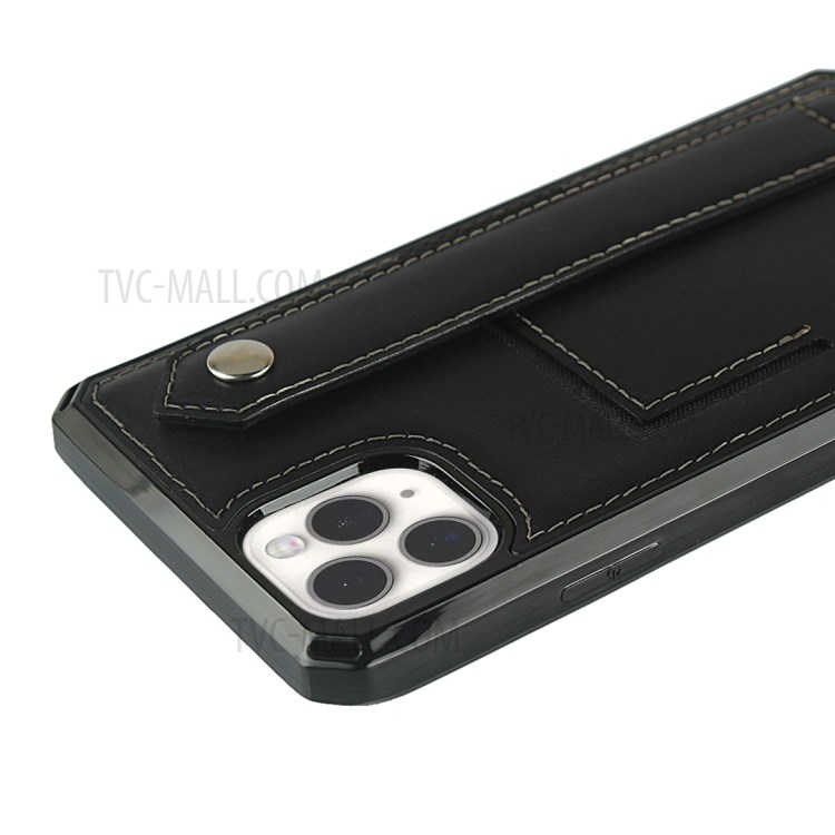 For iPhone 12 Genuine Leather Coated TPU Phone Shell with Hand Strap Kickstand - Black-7