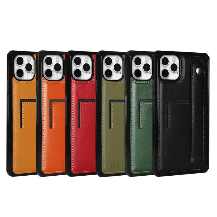 For iPhone 12 Genuine Leather Coated TPU Phone Shell with Hand Strap Kickstand - Black-9