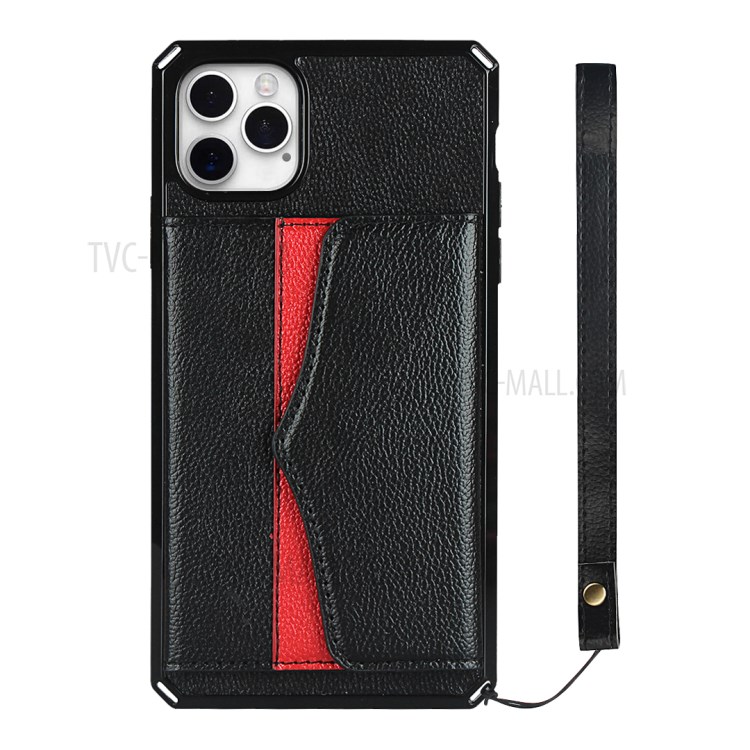 Litchi Texture Makeup Mirror Wallet PU Leather Coated TPU Phone Case Back Shell for iPhone 12 Pro/12 - Black-3