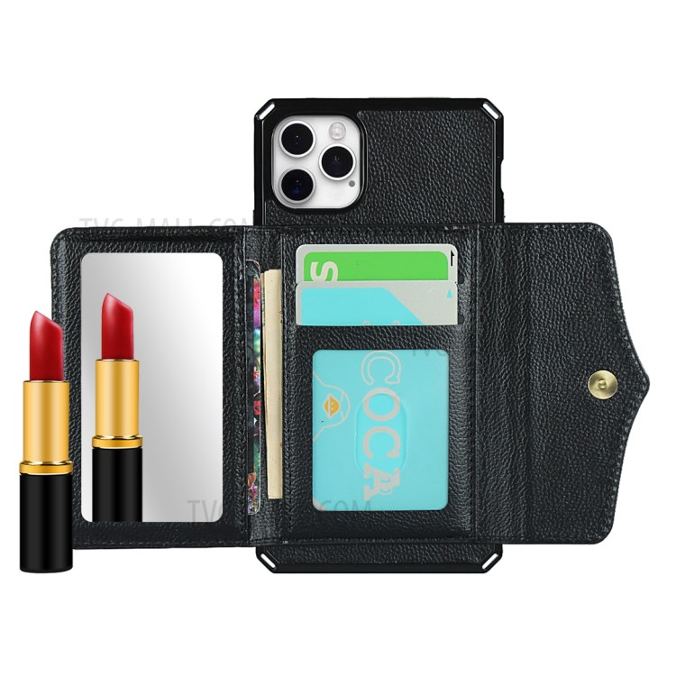 Litchi Texture Makeup Mirror Wallet PU Leather Coated TPU Phone Case Back Shell for iPhone 12 Pro/12 - Black-5