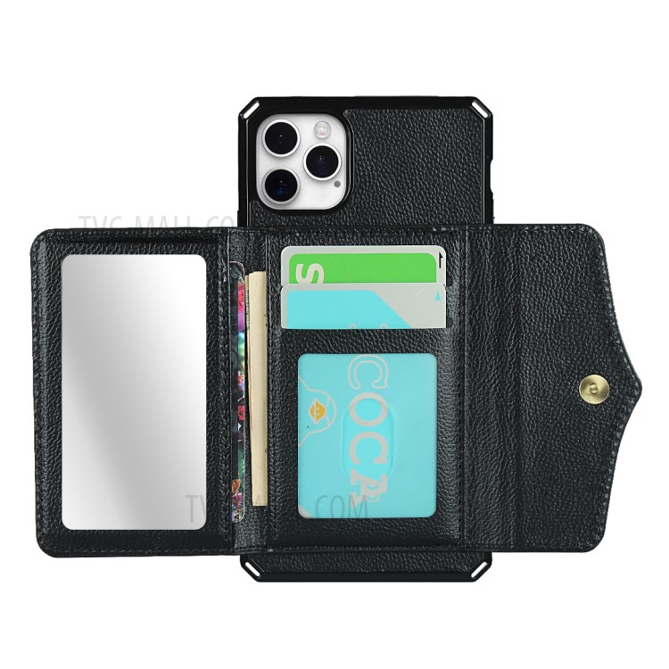 Litchi Texture Makeup Mirror Wallet PU Leather Coated TPU Phone Case Back Shell for iPhone 12 Pro/12 - Black-6