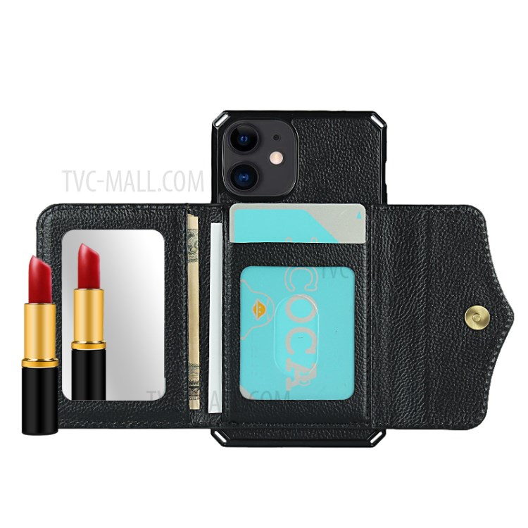 Litchi Texture Makeup Mirror Wallet PU Leather Coated TPU Phone Cover for iPhone 12 Mini - Black-5