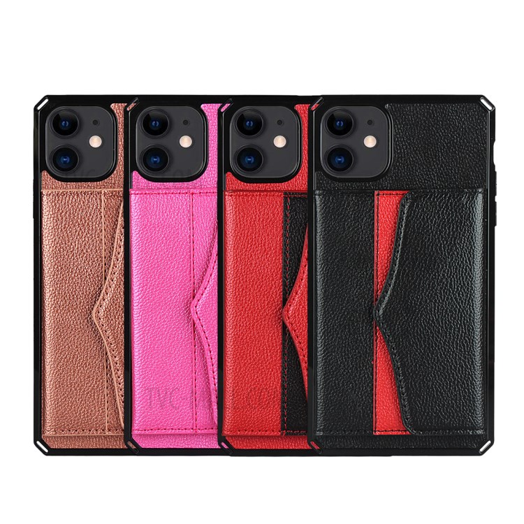 Litchi Texture Makeup Mirror Wallet PU Leather Coated TPU Phone Cover for iPhone 12 Mini - Black-9