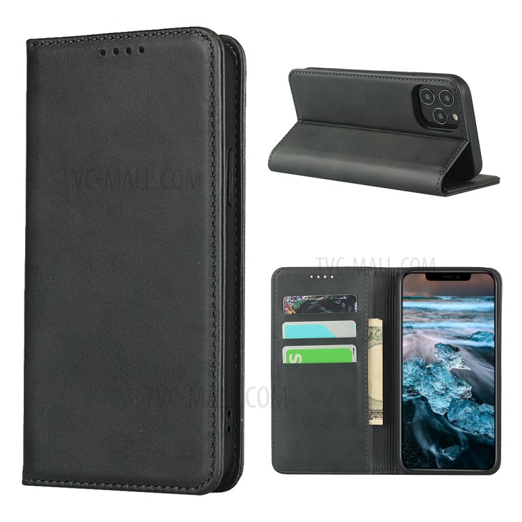 Auto-absorbed Leather Wallet Stand Protective Case for iPhone 12 Pro/12 - Black-1