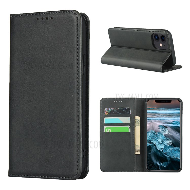 Auto-absorbed Leather Wallet Stand Protective Cover for iPhone 12 mini - Black-1